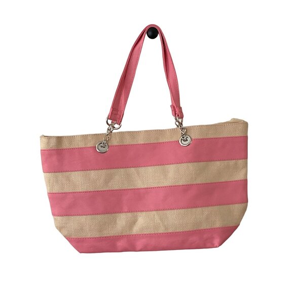 Ulta Pink Striped Tote Bag  Inner Pockets Beach Gym Bag Medium Size - Picture 6 of 7